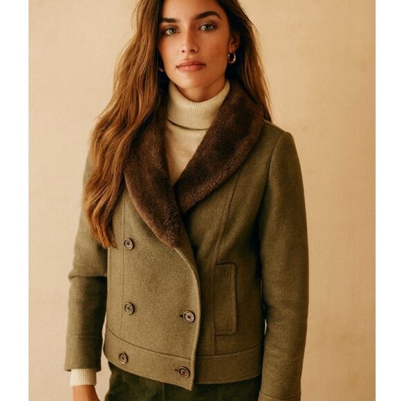 J.Crew Early 2000s Green Wool Tweed Pea Coat Faux Fur Collar Rare Heritage 0 - Picture 11 of 11